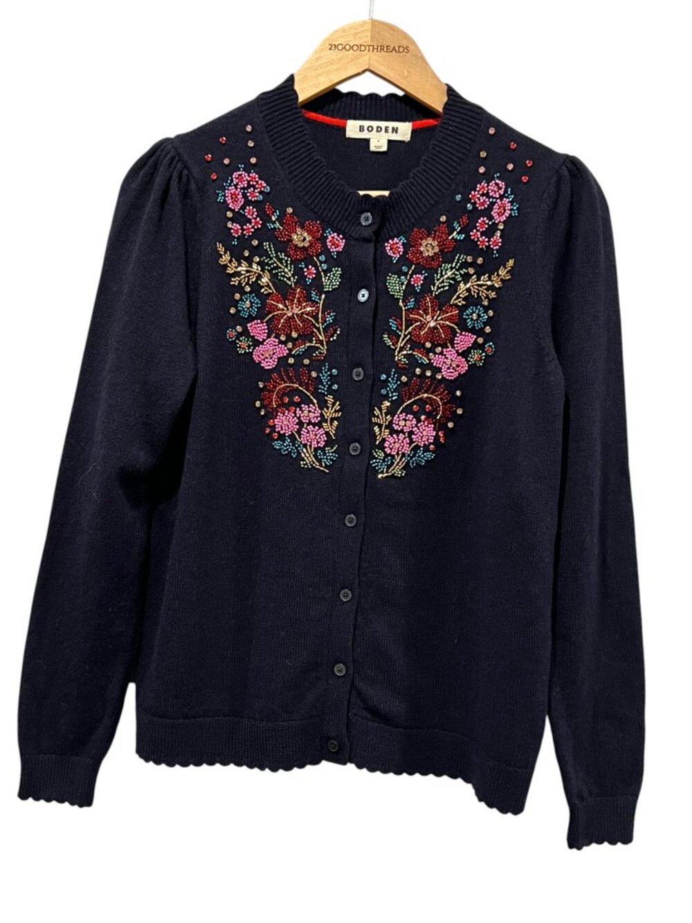 Boden Elizabeth Embellished Button Crew Cardigan, Navy Blue, M